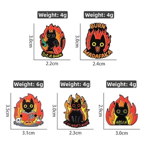 Size chart showing dimensions and weights of five cartoon fire cat enamel pins