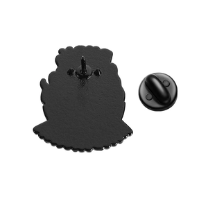 Detailed back view of a black flame cat enamel pin with secure rubber clutch backing