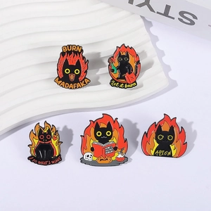 Five-piece set of black cat enamel pins with fire elements and humorous arsonist themes