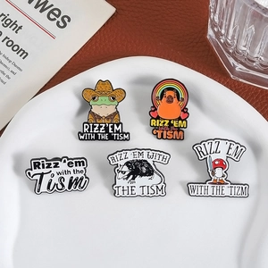 5pcs cartoon enamel brooch set with funny animal designs and RIZZ'EM letters