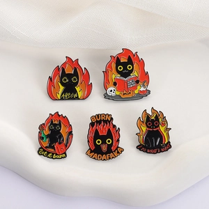 Black cat enamel pins collection featuring creative fire cat cartoon alloy badges