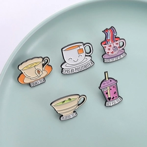 Cute tea and coffee enamel pins set featuring smiley faces and boba milk tea designs