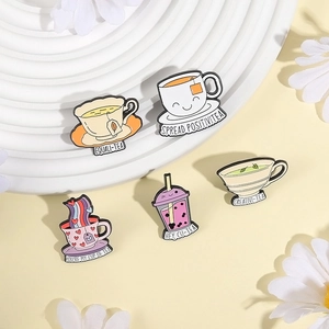 5-piece creative enamel pins set featuring cartoon tea and coffee cup designs with floral decor