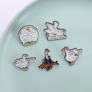 Funny enamel pins set featuring five cartoon white geese with unique silly goose memes