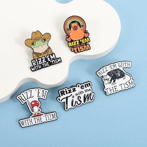 Five unique enamel pins featuring funny animals and phrases on a light blue background