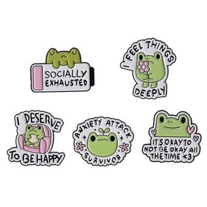 Set mit 5 süßen grünen Frosch-Emaille-Pins mit englischen Sprüchen für Taschen
