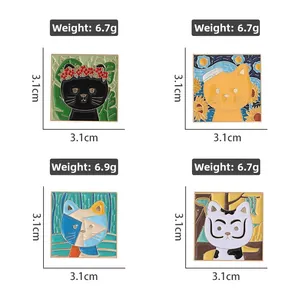 Artistic cat enamel brooch set inspired by Van Gogh paintings 3.1cm square pins