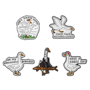 Set of 5 enamel badges featuring funny cartoon geese and creative silly goose quotes
