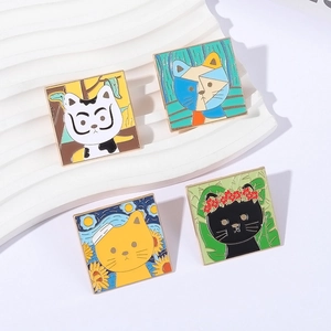 Enamel pins set featuring cartoon cats in classic oil painting styles with gold metal edges