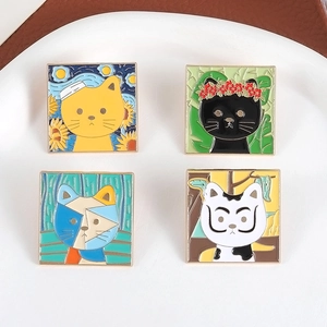 Artistic cat enamel pin set inspired by Van Gogh and Picasso oil painting styles