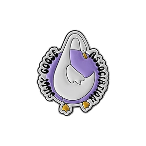 Detail of Silly Goose Association enamel pin with purple and white drip oil craft