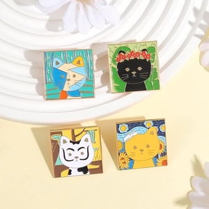 Set of four artistic cat enamel pins inspired by world-famous oil paintings for backpacks