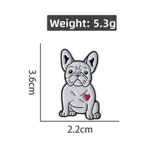 Detail view of cartoon Frenchie enamel pin with weight 5.3g and size 3.6cm x 2.2cm