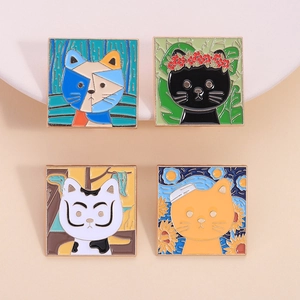 Artistic Enamel Cat Brooch Masterpiece Painting Style Square Zinc Alloy Badge Van Gogh Dali Picasso Frida Lapel Pin Jewelry Gift