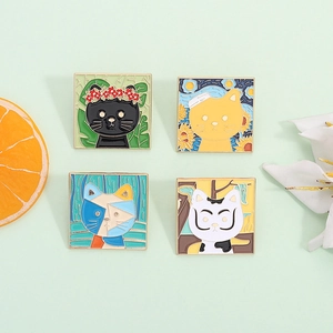 Set of four Van Gogh and Frida Kahlo inspired artistic cat enamel lapel pins for clothing