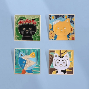 Artistic Famous Painting Style Cat Enamel Pin Alloy Square Oil Painting Brooch For Clothes Backpack Decoration Jewelry Gift