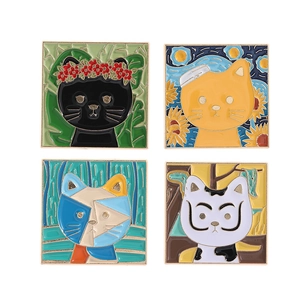 Set of four square enamel brooches featuring Van Gogh and artistic style cat paintings