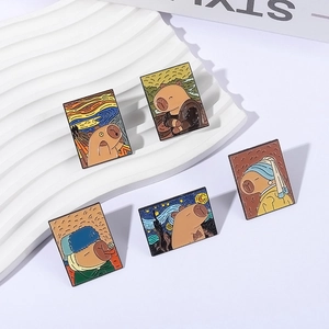 Five creative Capybara enamel pins inspired by famous oil paintings like Mona Lisa and Starry Night
