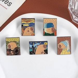 Capybara oil painting enamel pin set featuring classic art parodies on alloy badges