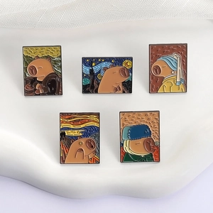 Set of 5 capybara enamel pins inspired by famous world paintings on a white background
