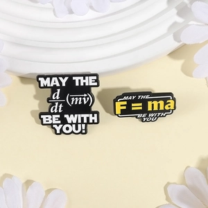 Set of physics pins with math equations and geek slogans on a white textured plate