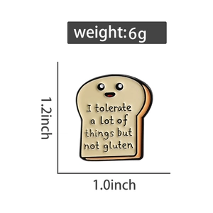Detailed view of cartoon toast enamel pin with dimensions 1.2 x 1.0 inches and 6g weight