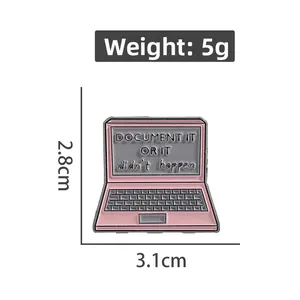 Detail view of pink laptop enamel lapel pin with 5g weight and 3.1cm width dimensions