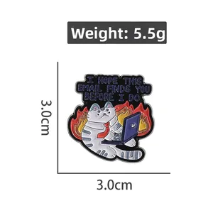 Detailed enamel pin of a white cat using a laptop with flame background details