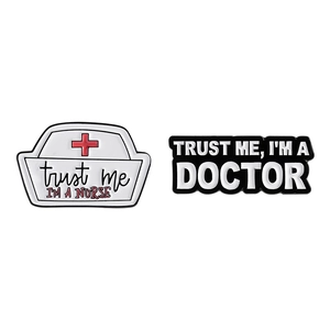Nurse hat and doctor enamel pins set featuring Trust me I'M A NURSE and DOCTOR text