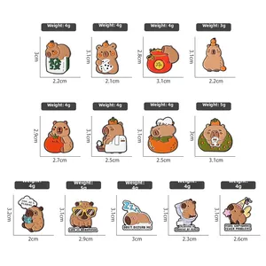 Detailed size and weight chart for various cute capybara enamel pins and badges