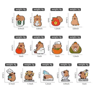 Size chart for 13 cute capybara enamel pins with specific weight and inch dimensions