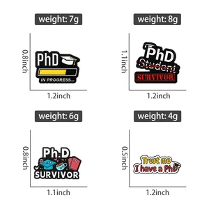 Size chart and dimensions for enamel PhD student survivor lapel pins and badges