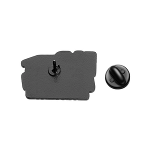 Detail of metal pin back with secure black rubber clutch for graduation badges