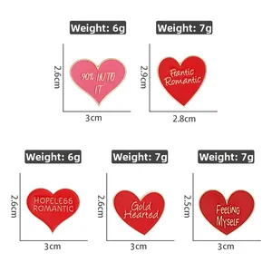 Detailed dimensions and weight of red heart enamel pins with motivational quotes