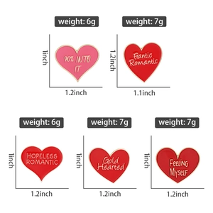 Set of five heart enamel pins with romantic text and precise size measurements