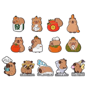 Set of 13 cute cartoon capybara enamel pins with fun themes and vibrant colors