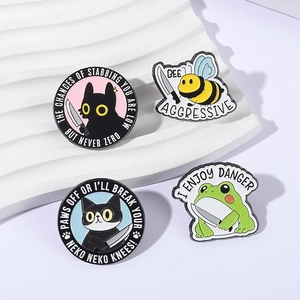 Funny animal enamel pins set featuring a cat, bee, and frog with humorous slogans
