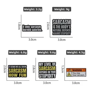 Detailed view of assorted sarcasm enamel pins with specific weight and size dimensions
