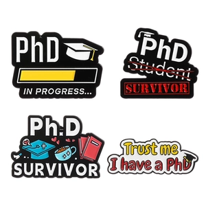 Set of 4 PhD themed enamel pins featuring academic motifs and progress bar designs