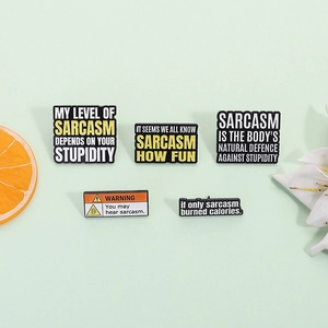 Set of 5 humorous enamel pins with funny English quotes on vibrant green background