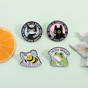 Funny cartoon pins set with knife-wielding cat, bee and frog in enamel style