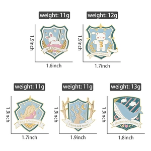 Detailed size and weight view of various animal enamel pins on a white background
