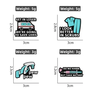 Detailed size specifications for cartoon medical enamel pins including ambulance and syringe