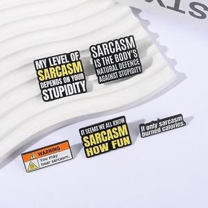 Set of 5 minimalist enamel sarcasm pins with funny quotes on a clean white display board