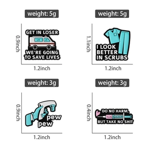 Detail of medical enamel pins showing ambulance and scrub suit with size and weight