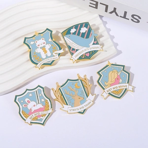 Detailed set of 5 animal shield enamel pins with blue finish and gold metal edges
