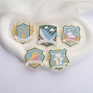 Five-piece cartoon animal enamel pin set with motivational quotes on a white tray