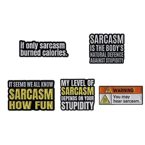 Set of 5 minimalist enamel pins with sarcastic English quotes and geometric shapes