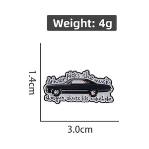 Detail showing 3.0cm width dimensions of a classic black car enamel pin with quote