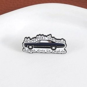 Enamel brooch with Supernatural Impala car design and driver picks music quote